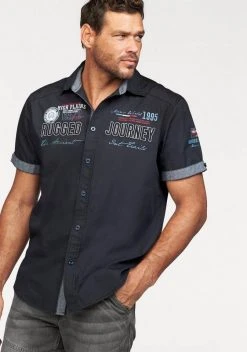 Man's World Kurzarmhemd mit Print und Aufnähern Blau, Nachtblau -Mans Kleidung Geschaft 17349042
