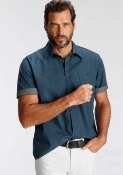 Man's World Kurzarmhemd mit Chambrayeinsätzen Rauchblau, Rot